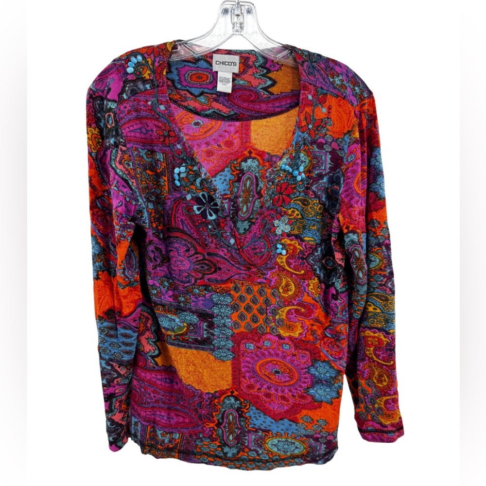 Chico's Colorful Paisley Women's Blouse beaded M/8 v-neck boho casual sequin